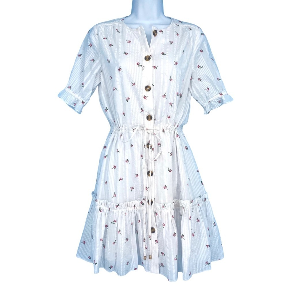 Olivaceous Dress Small Midi Button Front Drawstring Lined Waist Floral White New